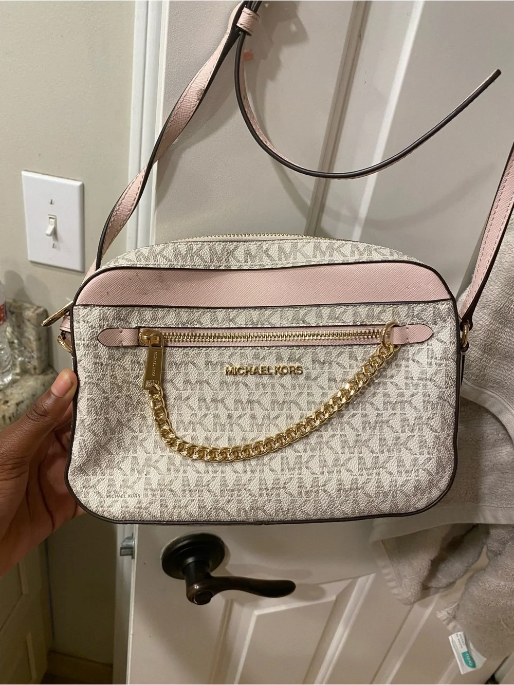 Michael Kors Pink and Vanilla Logo Crossbody Bag